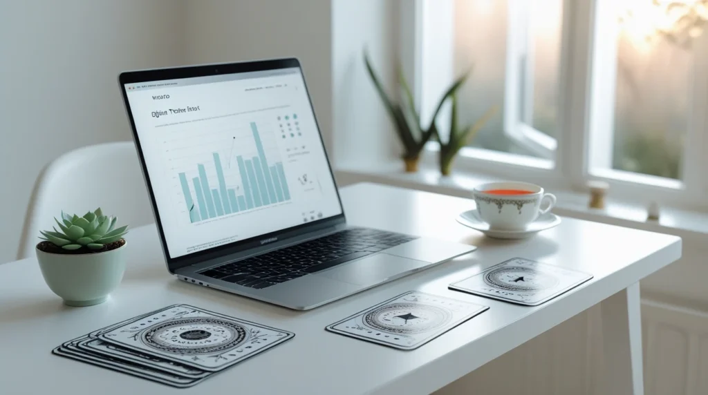 Scrivania luminosa con computer portatile e mazzo di Tarocchi, perfetta per leggere le carte online con un approccio etico e professionale.